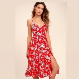 Lulus Red Floral Midi Dress with Slit Medium